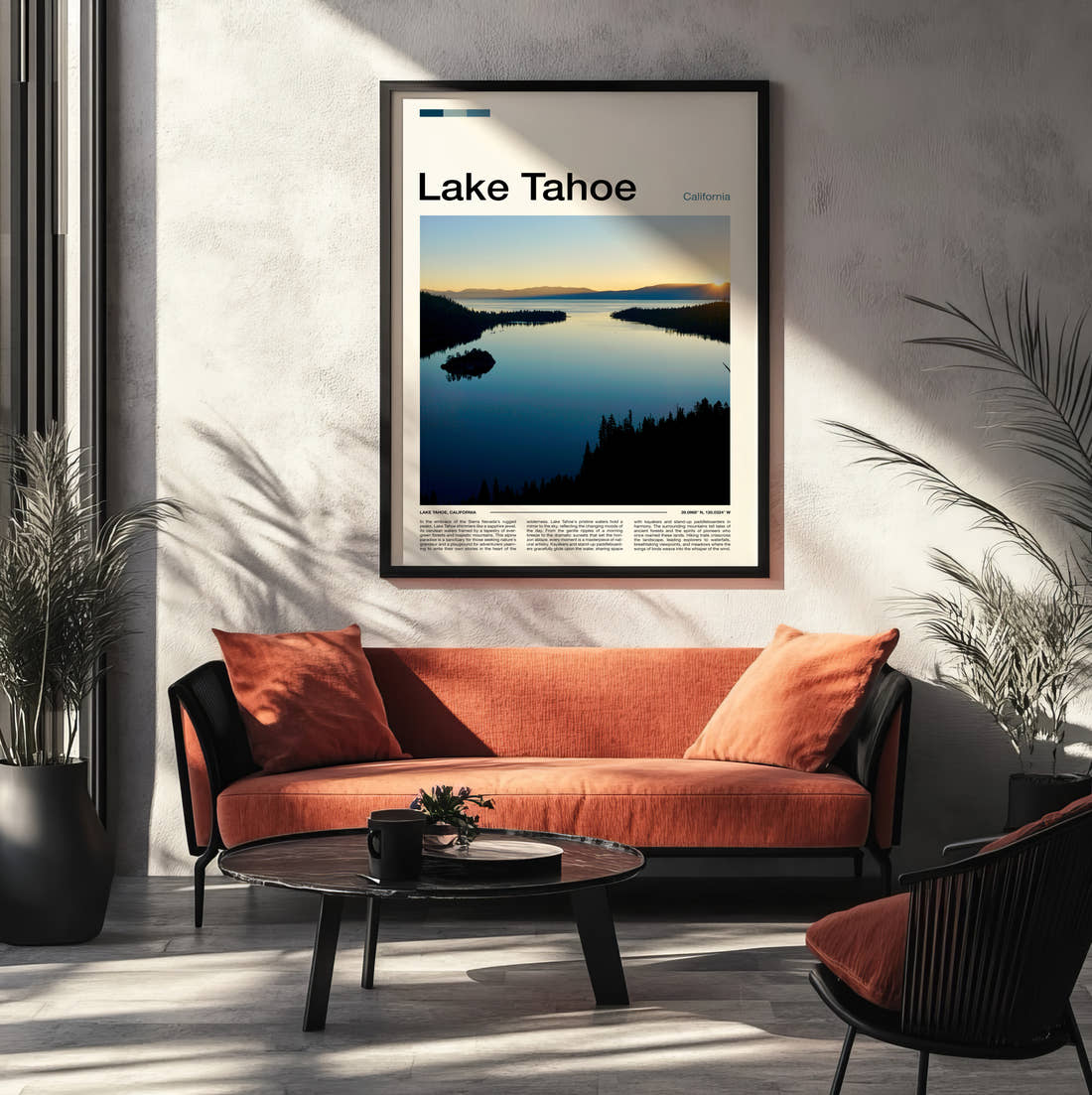 Lake Tahoe Emerald Bay Travel Print framed on the wall of a modern living room