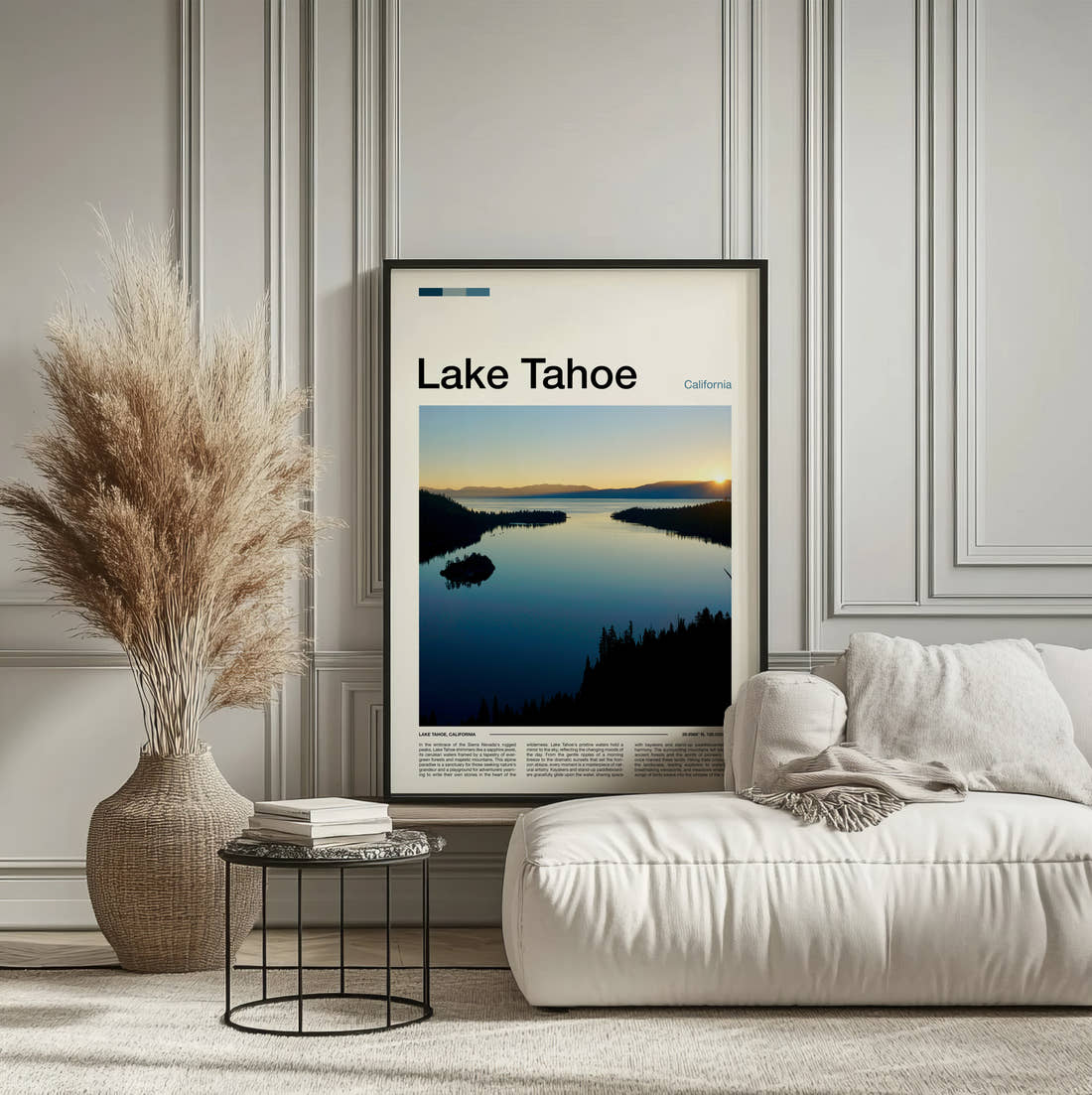 Lake Tahoe Emerald Bay Travel Print framed on the wall of a calm, neutral bedroom