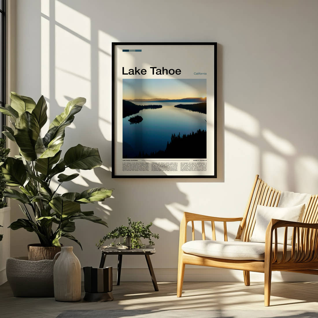 Lake Tahoe Emerald Bay Travel Print framed on a pale wall beside houseplants