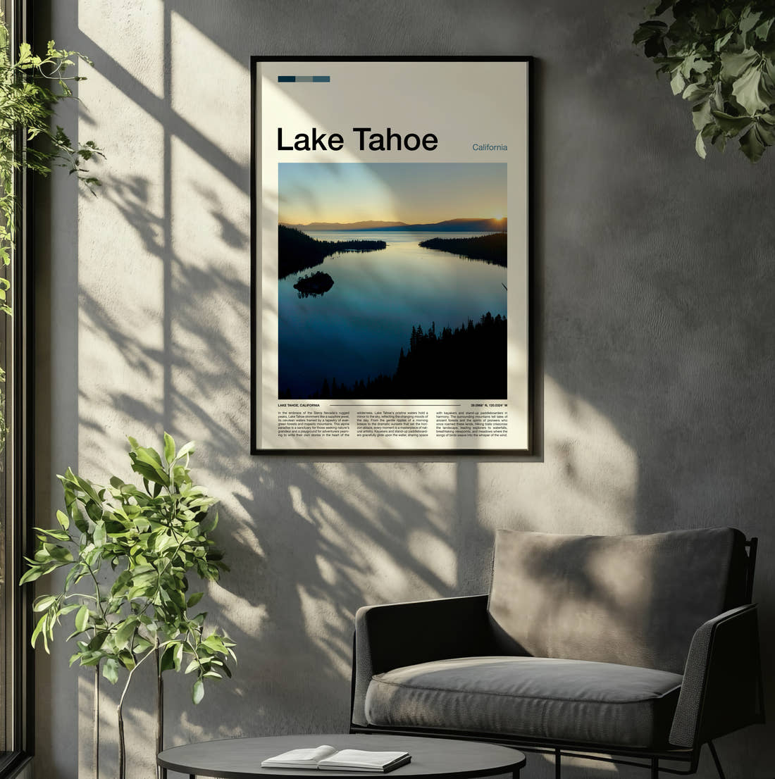 Lake Tahoe Emerald Bay Travel Print framed on the wall of a relaxed living room