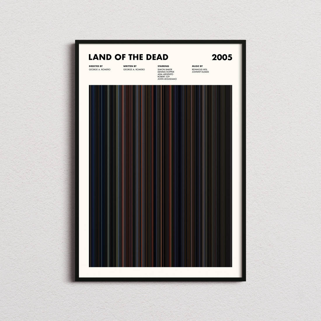 Land of the Dead Movie Barcode Poster framed on a plain studio wall