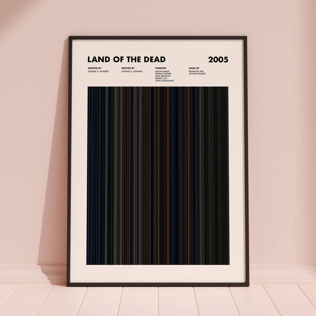 Land of the Dead Movie Barcode Poster framed and leaning against a coloured wall