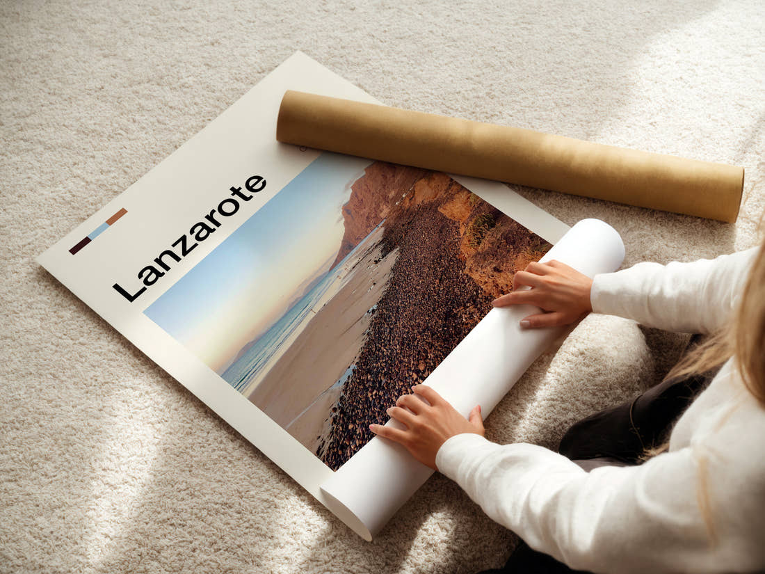 Lanzarote Volcanic Coastal Cliffs Travel Print being unrolled from its postal tube