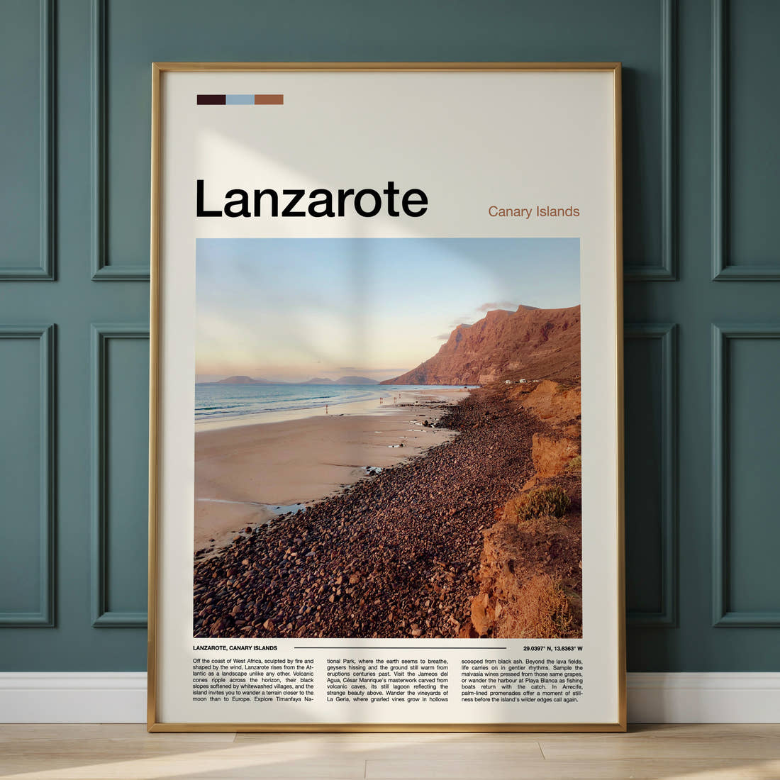 Lanzarote Volcanic Coastal Cliffs Travel Print framed on the wall of a calm, neutral bedroom