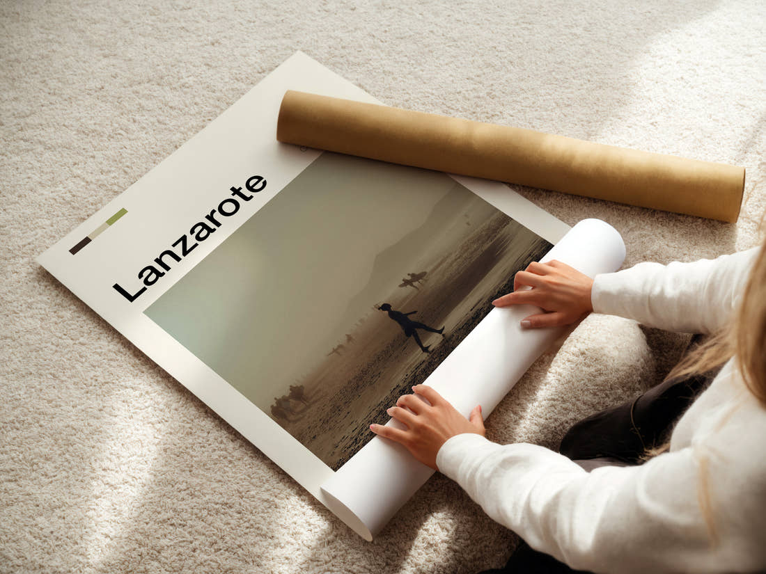 Lanzarote Hazy Coastal Walk Travel Print being unrolled from its postal tube