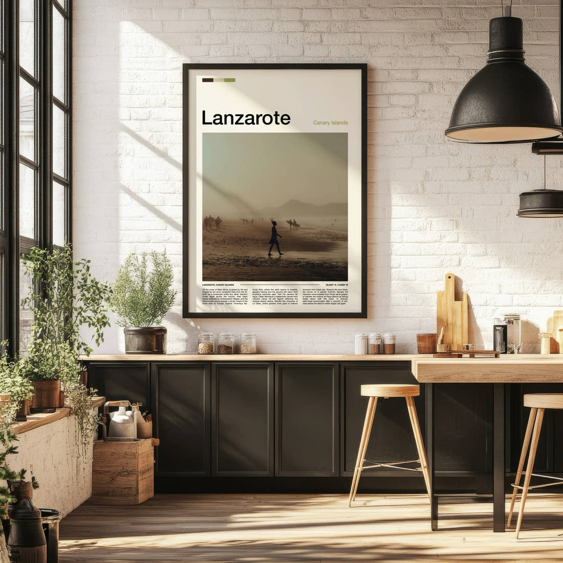 Lanzarote Hazy Coastal Walk Travel Print framed on the wall of a bright kitchen and dining space