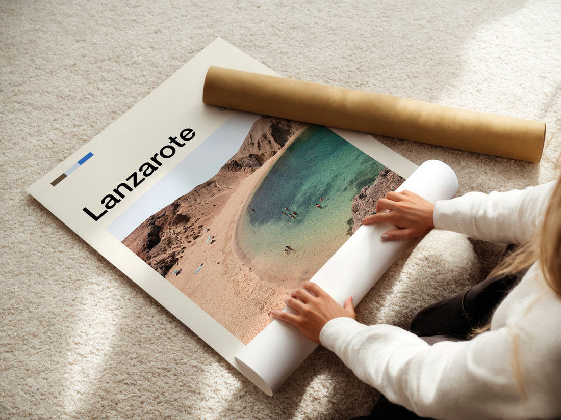 Lanzarote Volcanic Cove Beach Travel Print being unrolled from its postal tube
