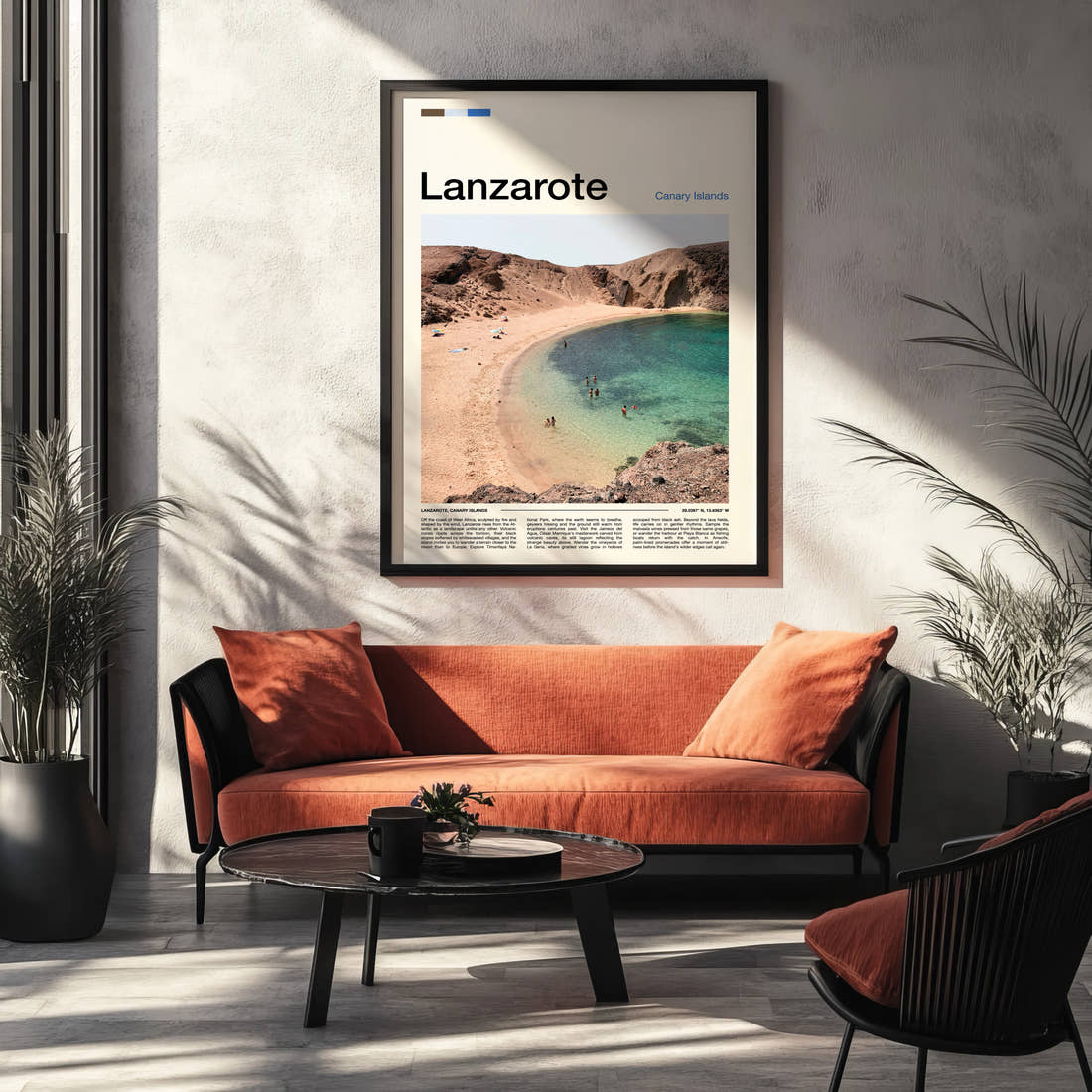 Lanzarote Volcanic Cove Beach Travel Print framed on the wall of a modern living room