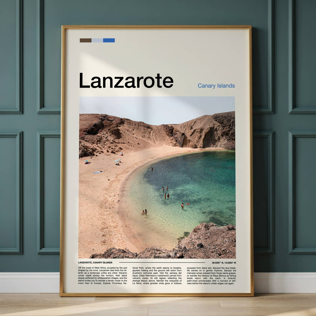 Lanzarote Volcanic Cove Beach Travel Print framed on the wall of a calm, neutral bedroom