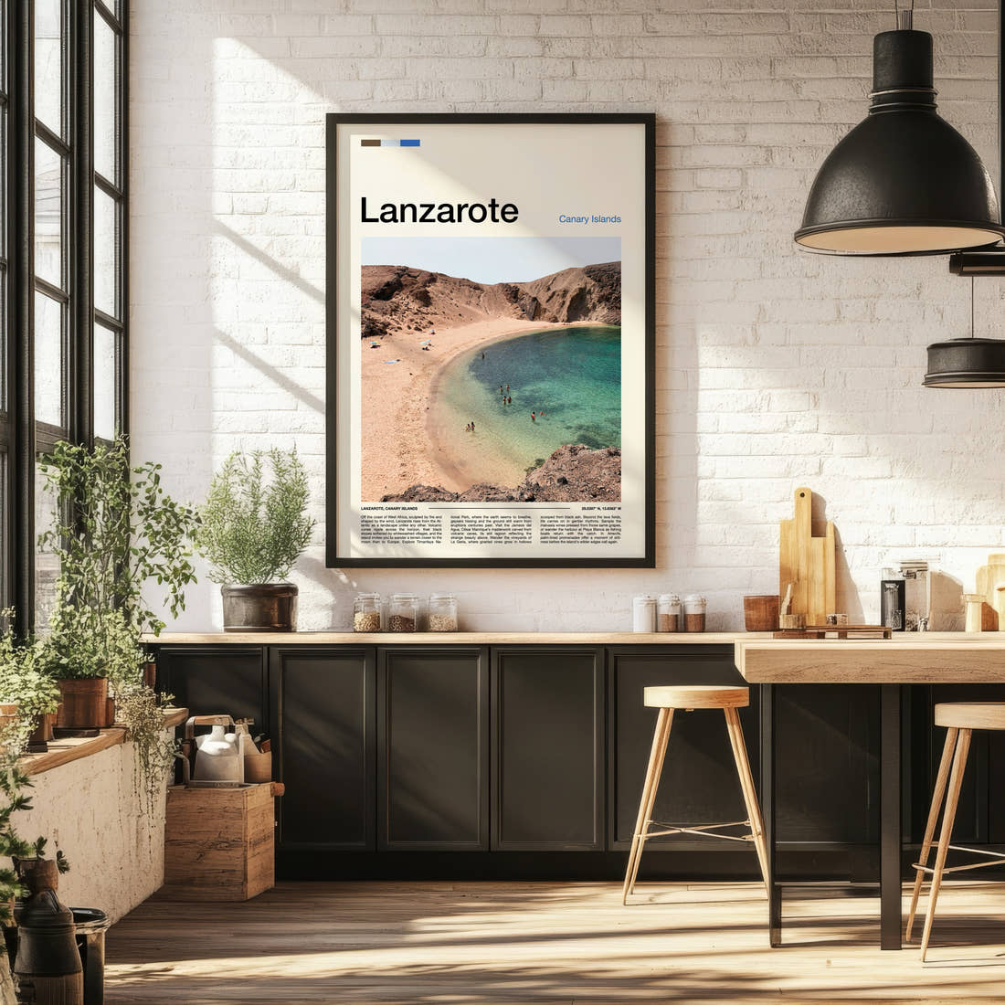 Lanzarote Volcanic Cove Beach Travel Print framed on the wall of a bright kitchen and dining space