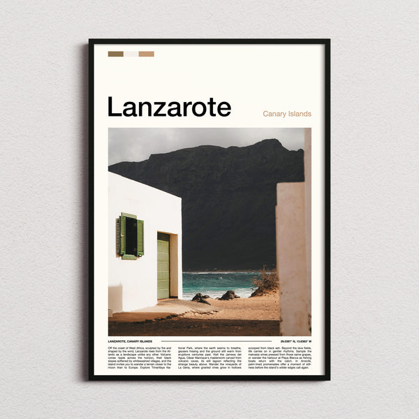 Lanzarote Whitewashed House, Volcanic Cliff Travel Print framed and photographed straight on