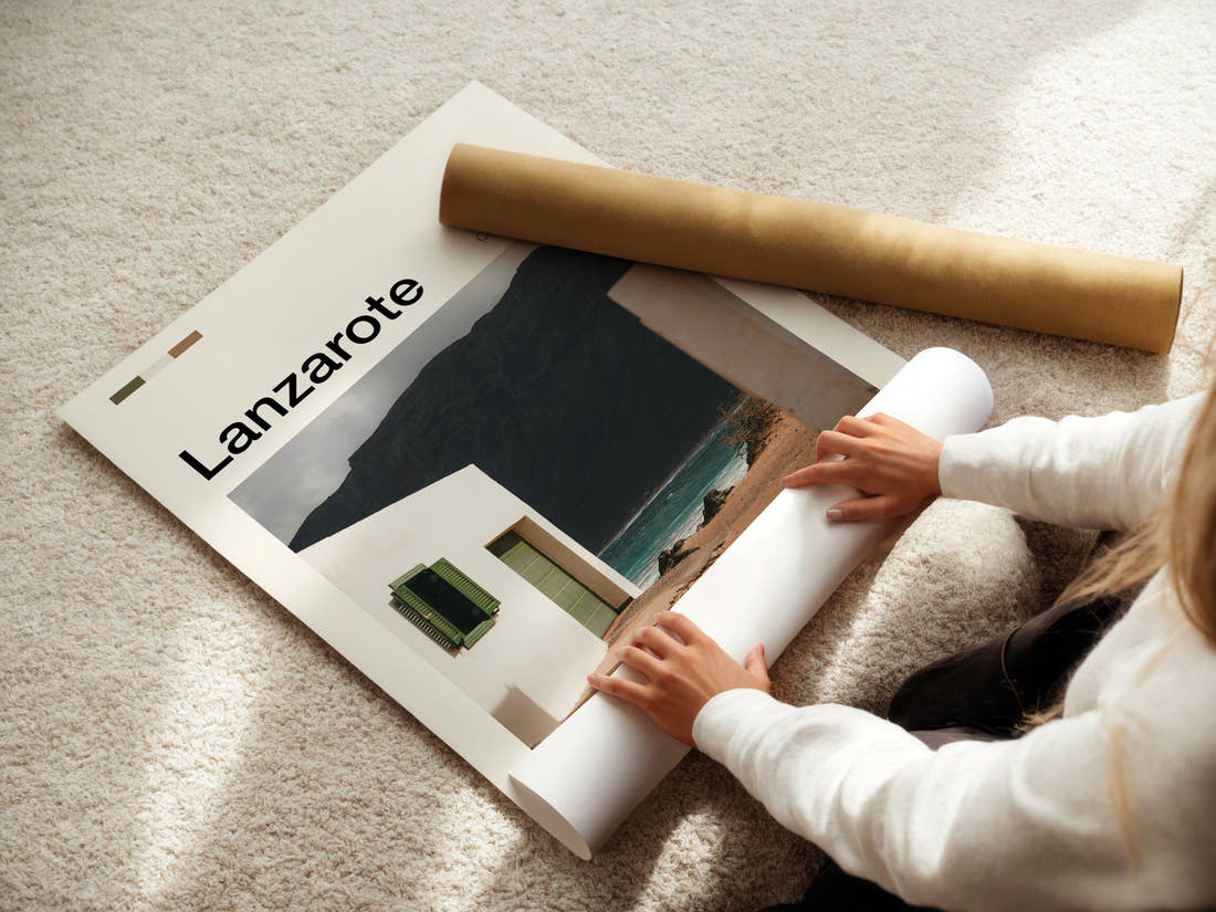 Lanzarote Whitewashed House, Volcanic Cliff Travel Print being unrolled from its postal tube