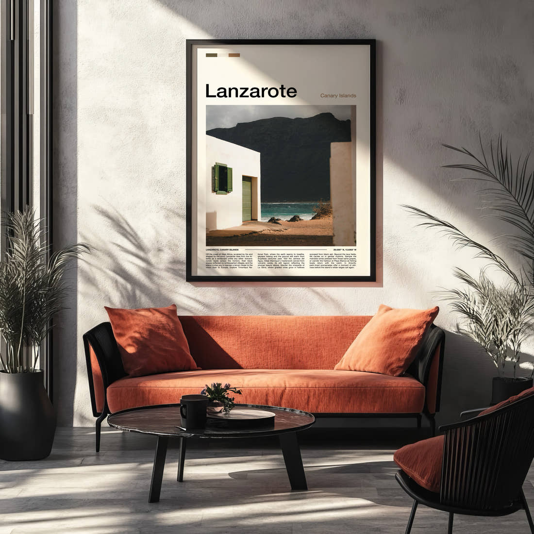 Lanzarote Whitewashed House, Volcanic Cliff Travel Print framed on the wall of a modern living room