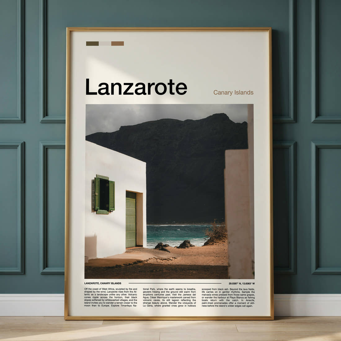 Lanzarote Whitewashed House, Volcanic Cliff Travel Print framed on the wall of a calm, neutral bedroom