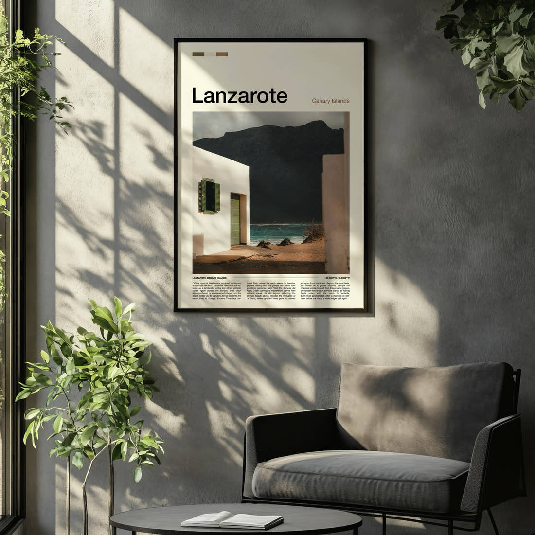 Lanzarote Whitewashed House, Volcanic Cliff Travel Print framed on the wall of a relaxed living room