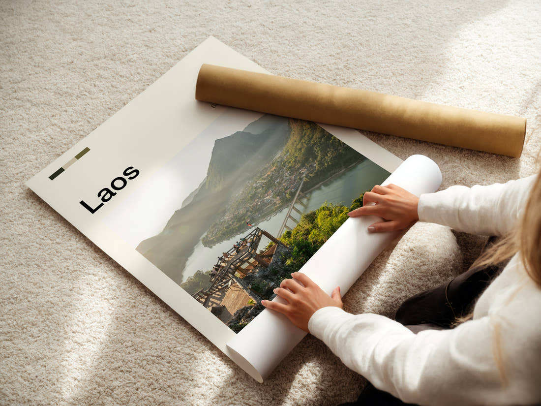 Laos River Valley Viewpoint Travel Print being unrolled from its postal tube