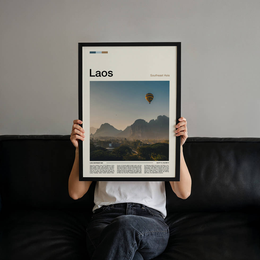 Laos Hot Air Balloon At Dawn Travel Print held up by hand to show the size of the print