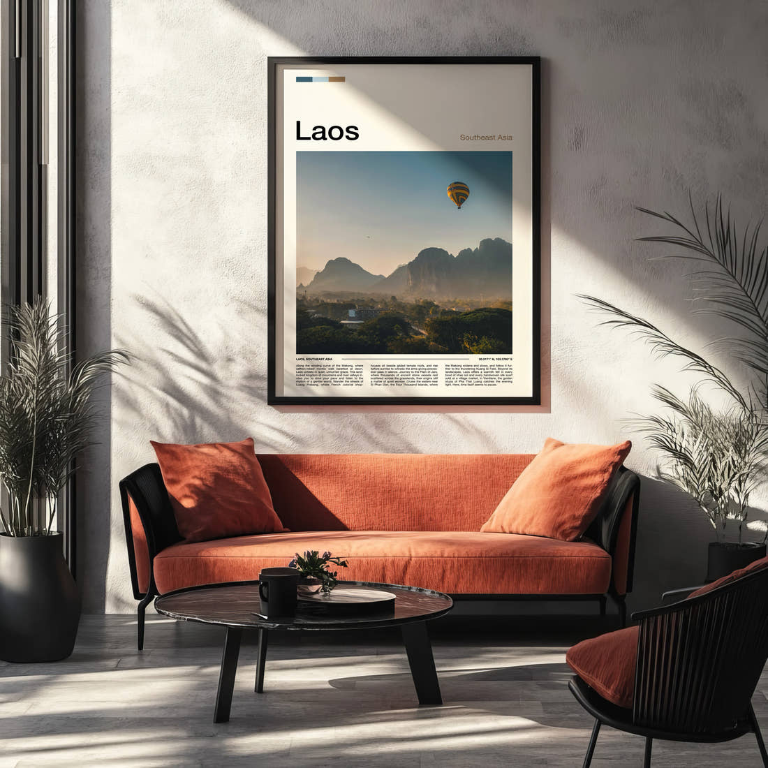 Laos Hot Air Balloon At Dawn Travel Print framed on the wall of a modern living room