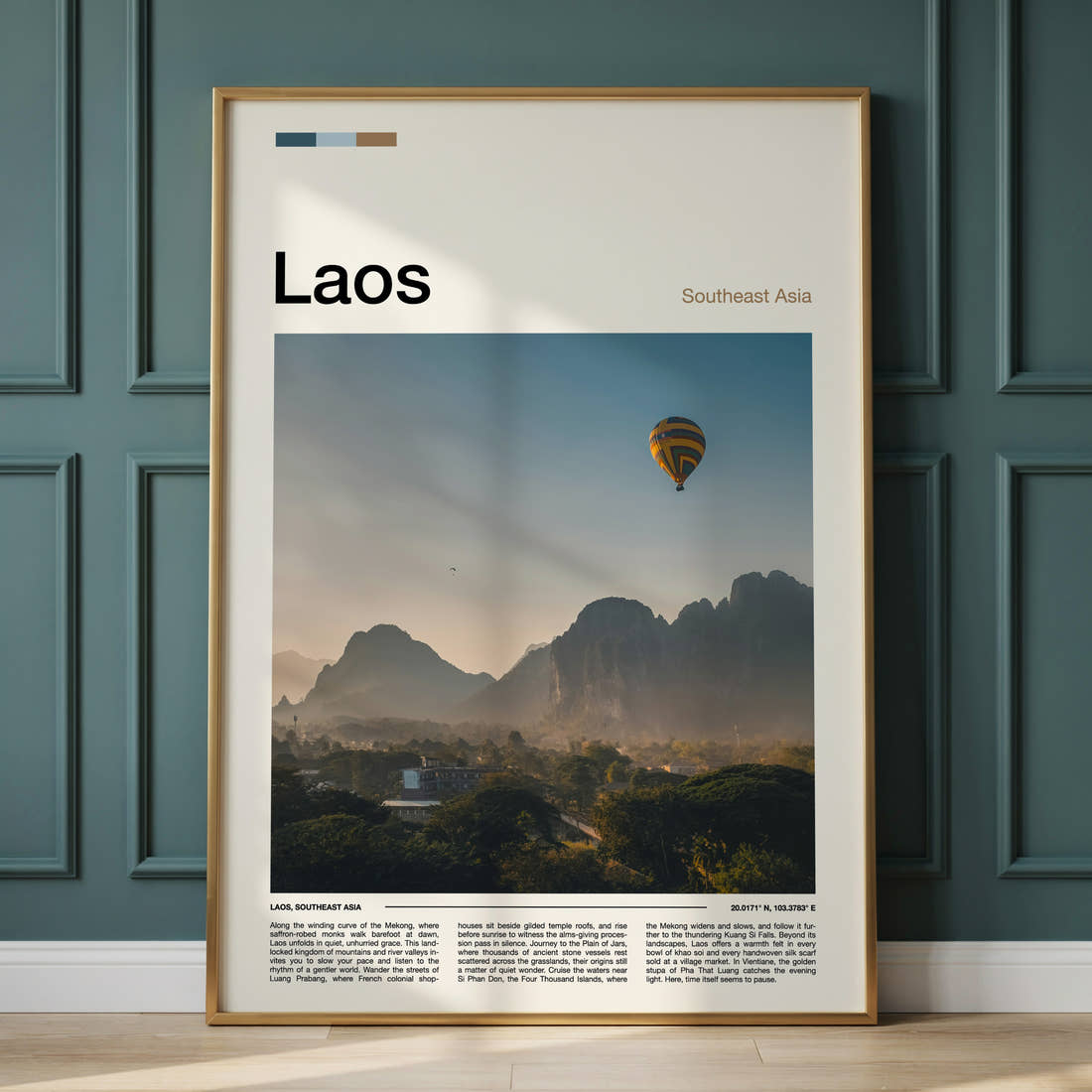 Laos Hot Air Balloon At Dawn Travel Print framed on the wall of a calm, neutral bedroom