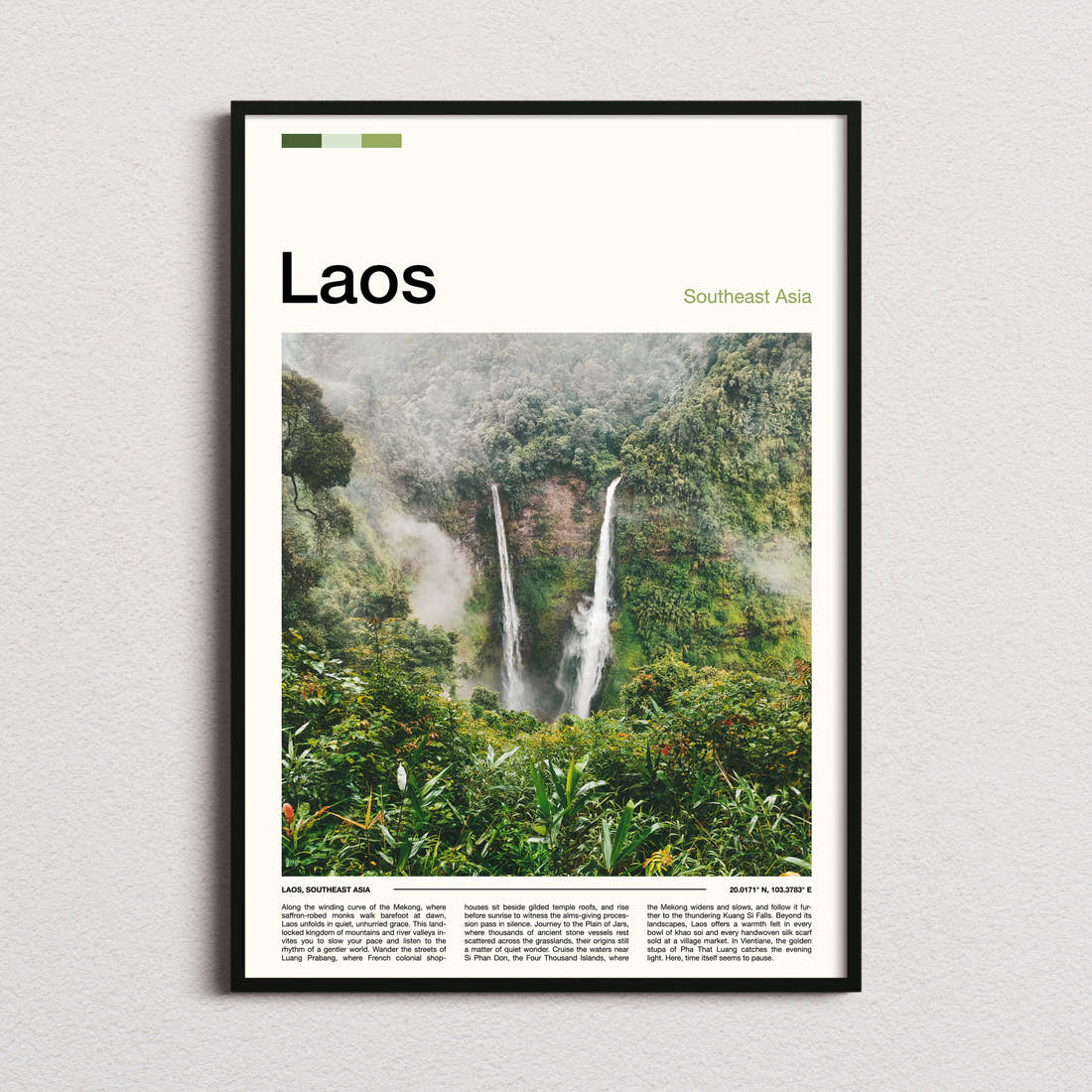 Laos Twin Jungle Waterfalls Travel Print framed and photographed straight on