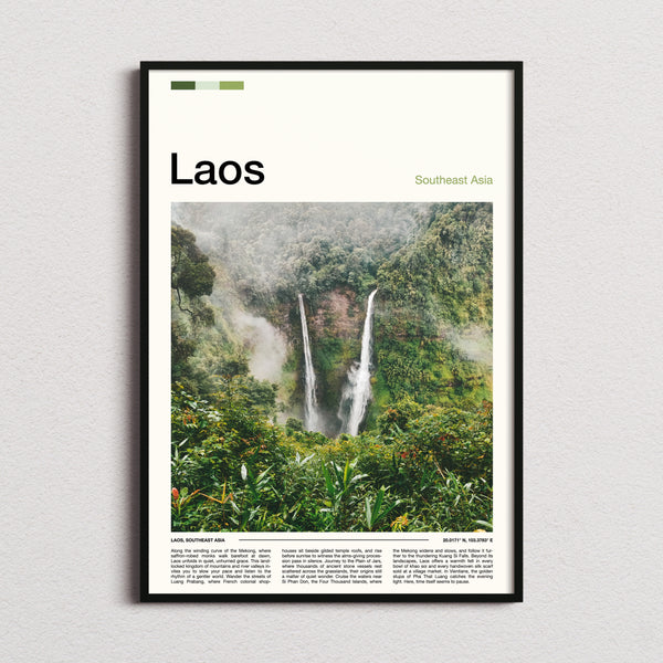 Laos Twin Jungle Waterfalls Travel Print framed and photographed straight on