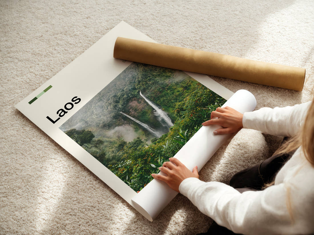 Laos Twin Jungle Waterfalls Travel Print being unrolled from its postal tube