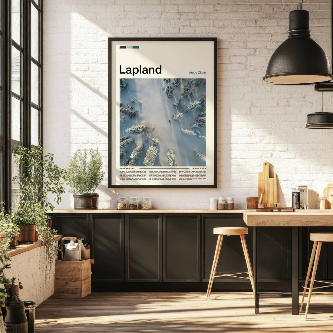 Lapland Aerial Snow Forest Travel Print framed on the wall of a bright kitchen and dining space