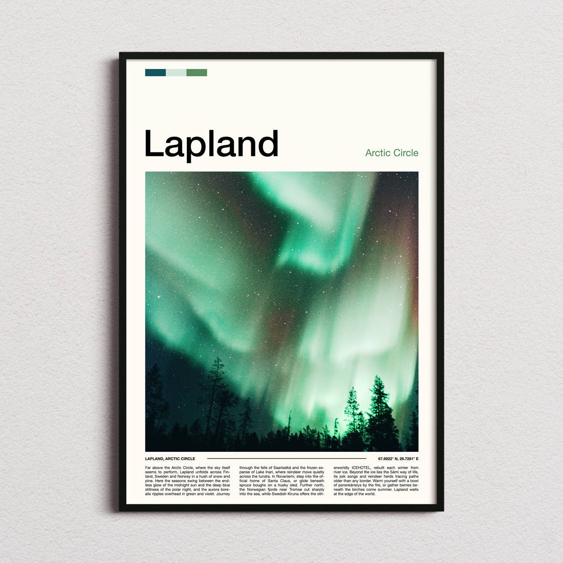 Lapland Aurora Borealis Sky Travel Print framed and photographed straight on