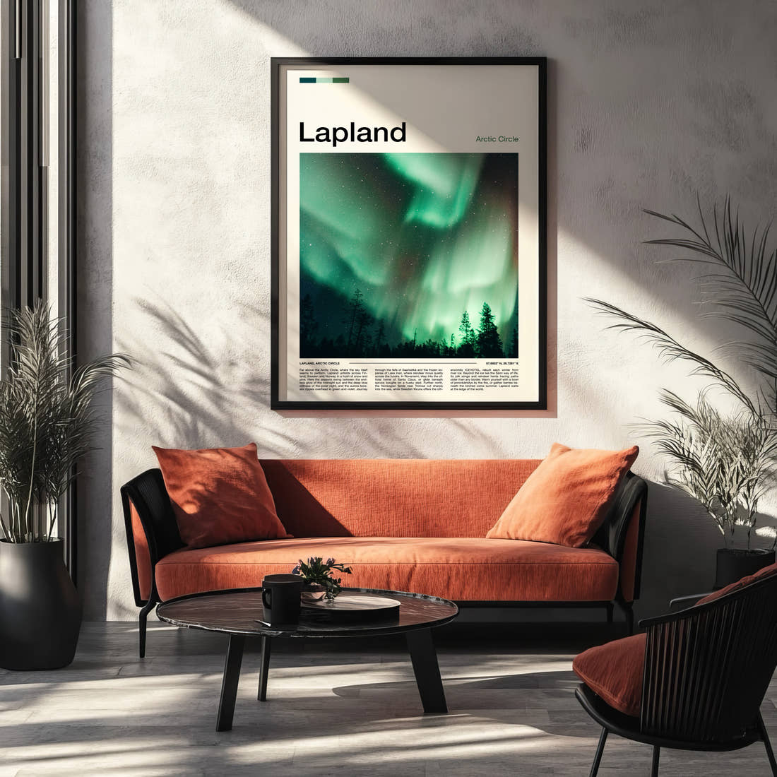 Lapland Aurora Borealis Sky Travel Print framed on the wall of a modern living room
