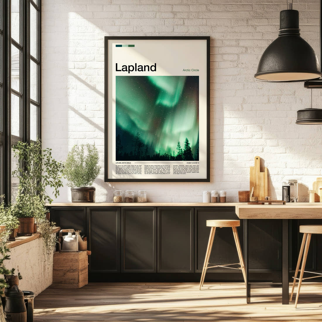 Lapland Aurora Borealis Sky Travel Print framed on the wall of a bright kitchen and dining space