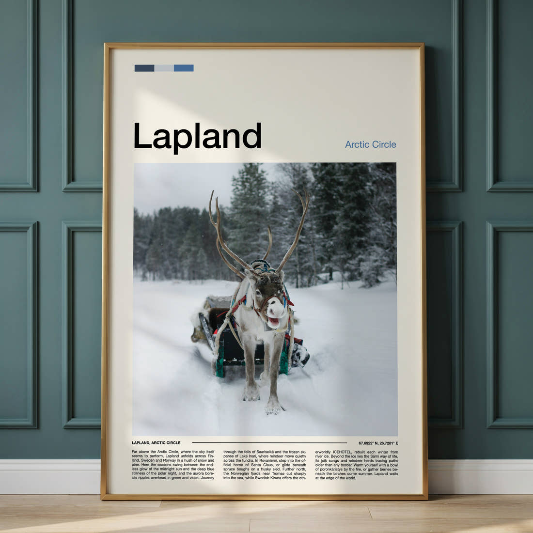 Lapland Reindeer And Sleigh Travel Print framed on the wall of a calm, neutral bedroom