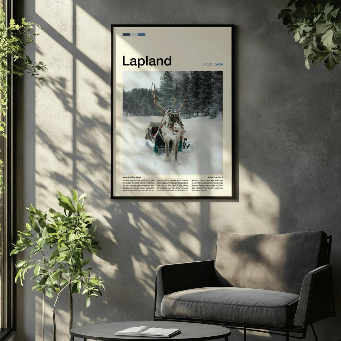 Lapland Reindeer And Sleigh Travel Print framed on the wall of a relaxed living room