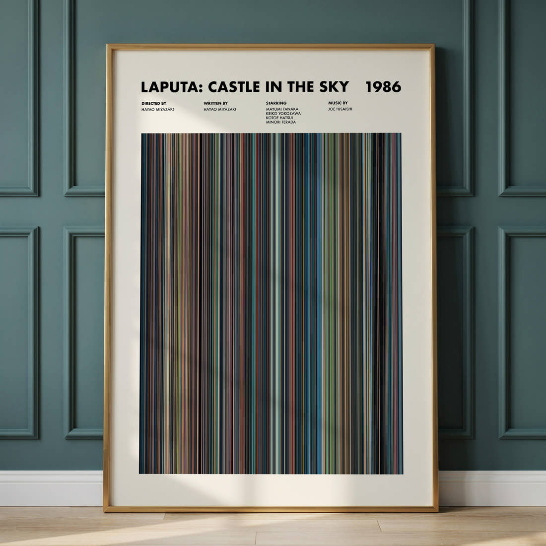 Laputa: Castle in the Sky Movie Barcode Poster framed and leaning against a panelled wall