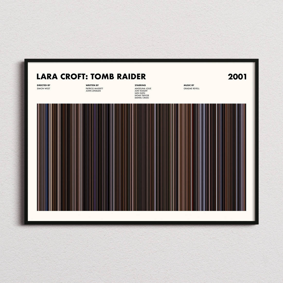Lara Croft: Tomb Raider Movie Barcode Poster framed and photographed straight on