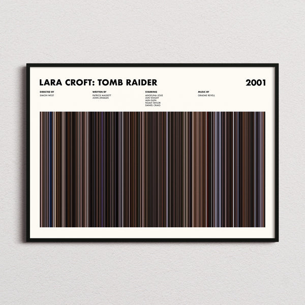 Lara Croft: Tomb Raider Movie Barcode Poster framed and photographed straight on
