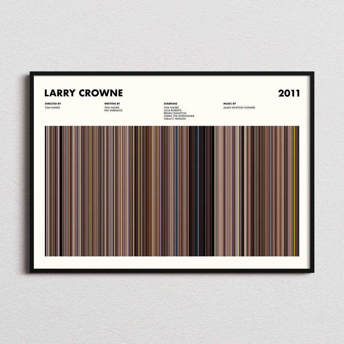 Larry Crowne Movie Barcode Poster framed and photographed straight on