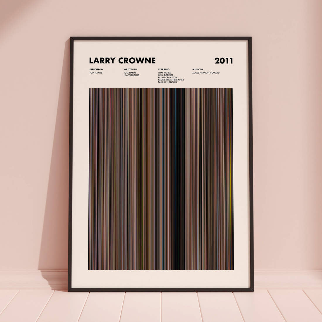 Larry Crowne Movie Barcode Poster framed and leaning against a coloured wall