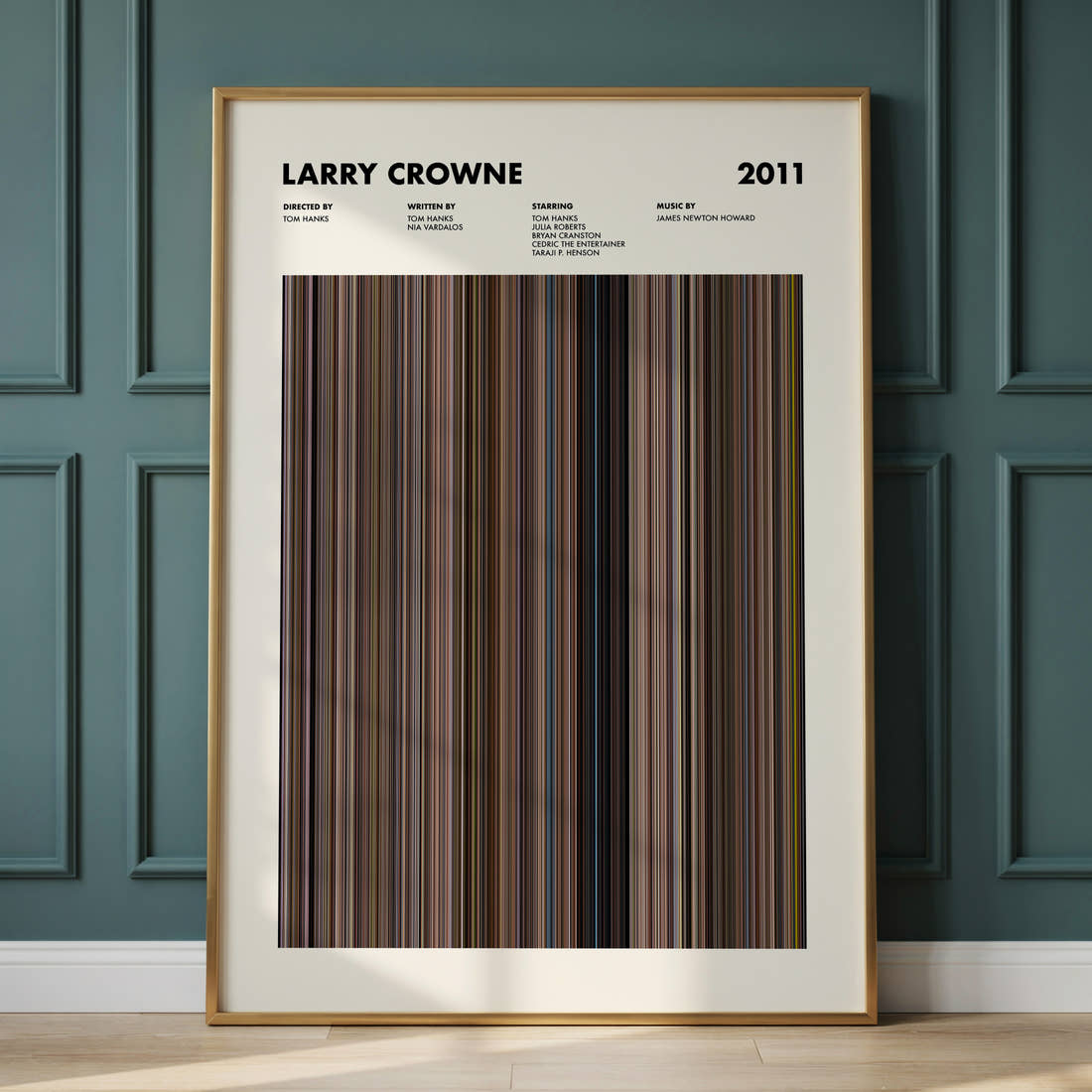 Larry Crowne Movie Barcode Poster framed and leaning against a panelled wall