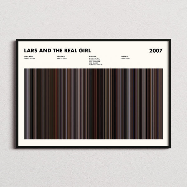 Lars and the Real Girl Movie Barcode Poster framed and photographed straight on