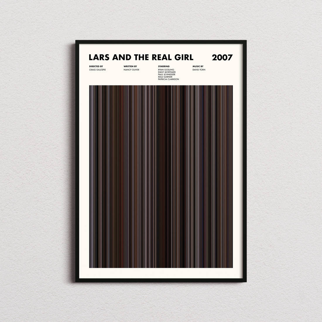 Lars and the Real Girl Movie Barcode Poster framed on a plain studio wall
