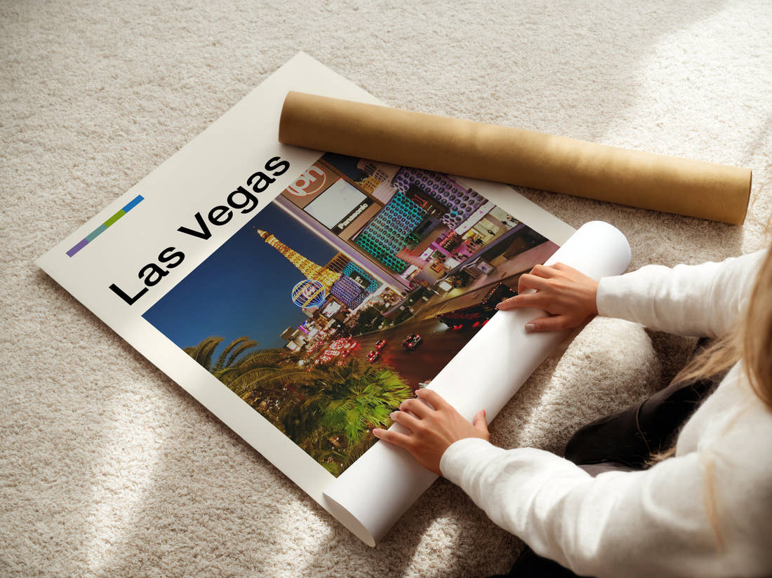 Las Vegas The Strip At Night Travel Print being unrolled from its postal tube