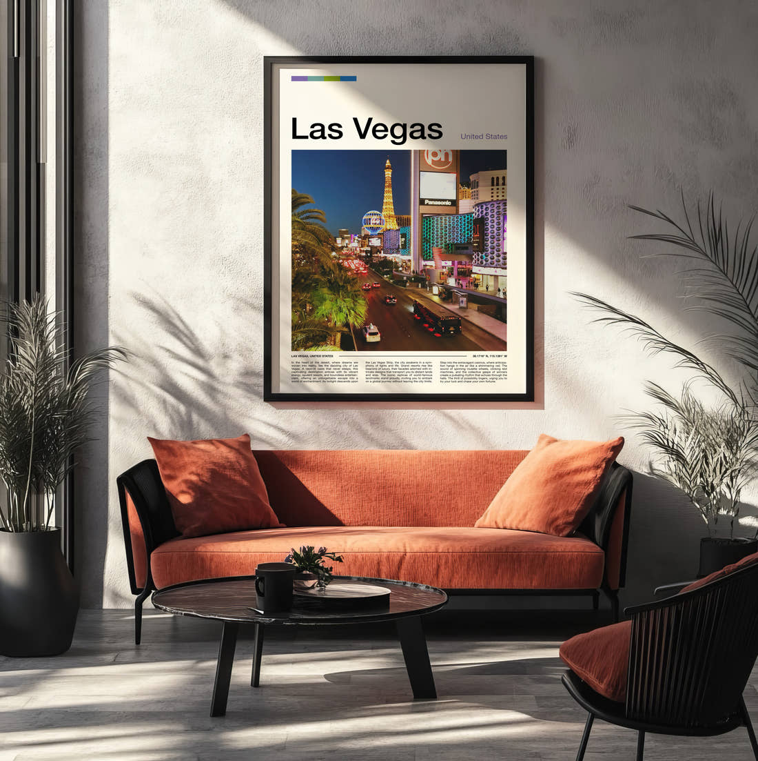 Las Vegas The Strip At Night Travel Print framed on the wall of a modern living room