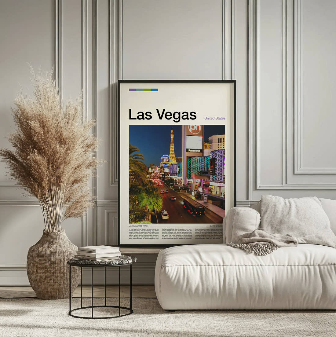 Las Vegas The Strip At Night Travel Print framed on the wall of a calm, neutral bedroom