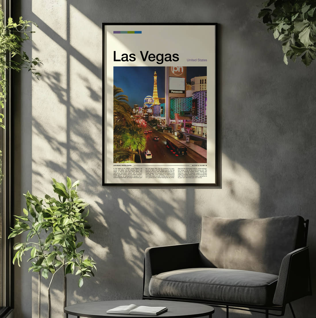 Las Vegas The Strip At Night Travel Print framed on the wall of a relaxed living room