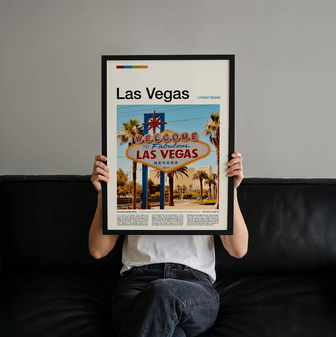 Las Vegas Welcome Sign Travel Print held up by hand to show the size of the print