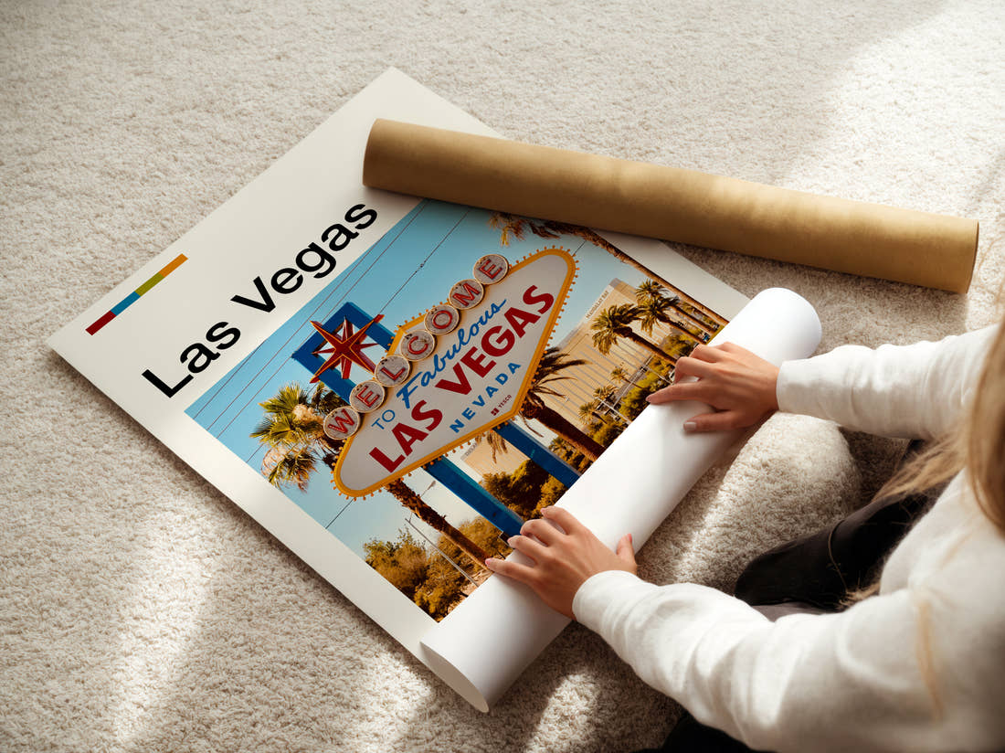 Las Vegas Welcome Sign Travel Print being unrolled from its postal tube