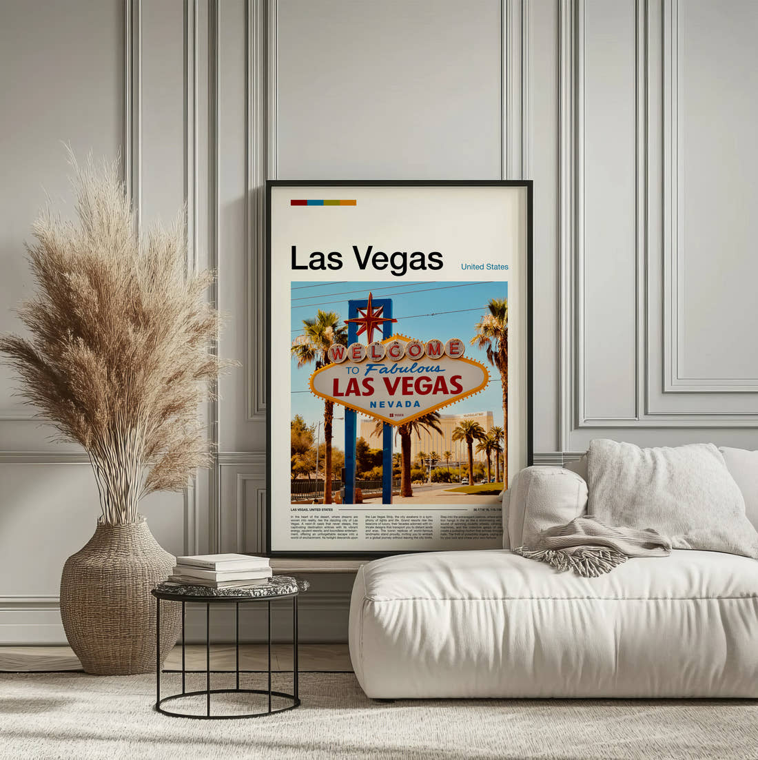 Las Vegas Welcome Sign Travel Print framed on the wall of a calm, neutral bedroom