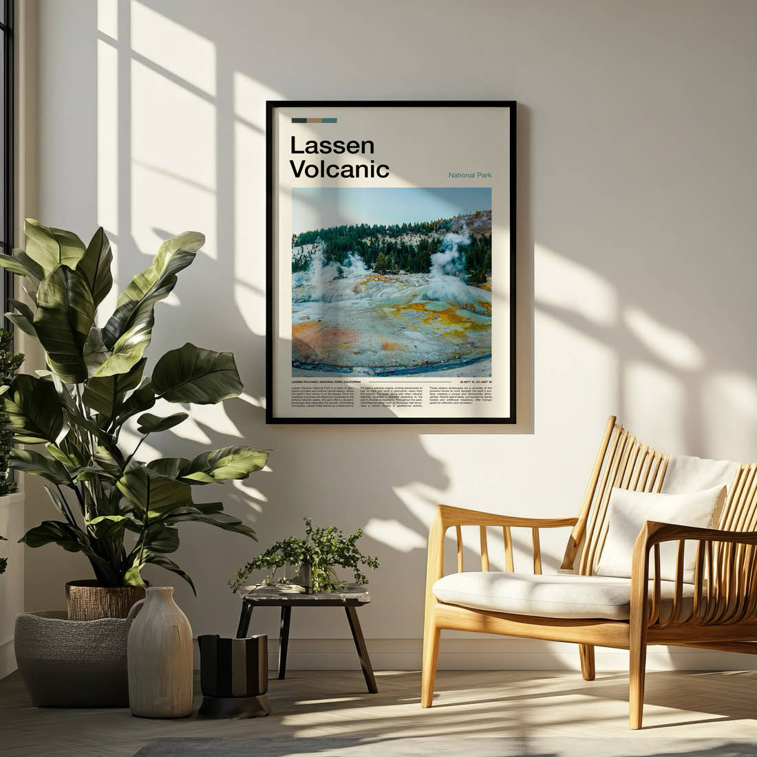 Lassen Volcanic Steaming Sulphur Vents Travel Print framed on a pale wall beside houseplants