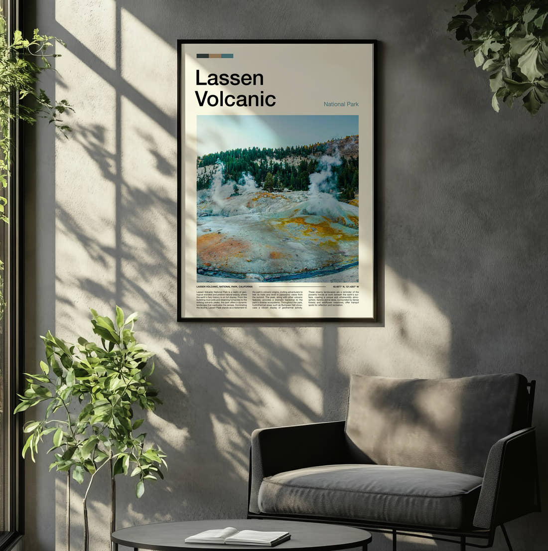 Lassen Volcanic Steaming Sulphur Vents Travel Print framed on the wall of a relaxed living room