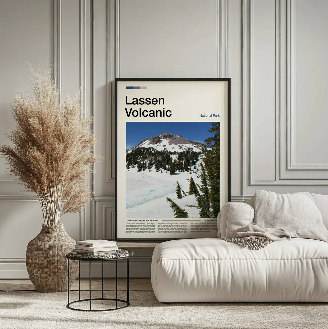 Lassen Volcanic Snowy Peak And Pines Travel Print framed on the wall of a calm, neutral bedroom